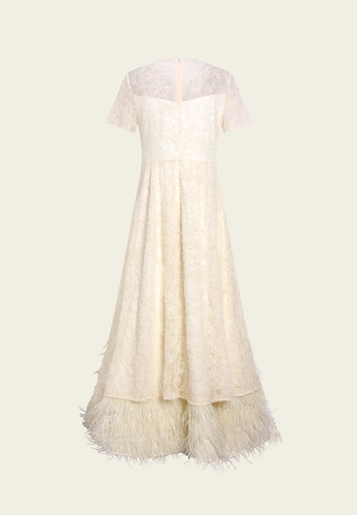 Feather-hem Embellished Lace Dress