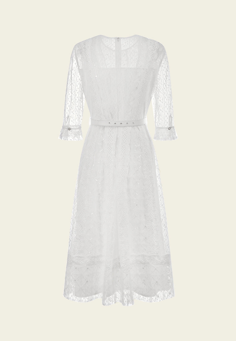 White Mid Sleeves Lace Midi Dress