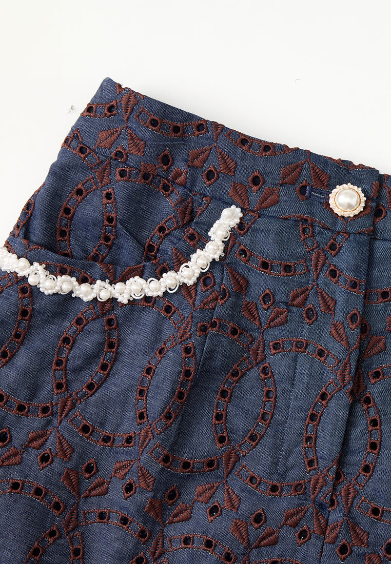 Contrast Embroidered Monogram Flared Trousers