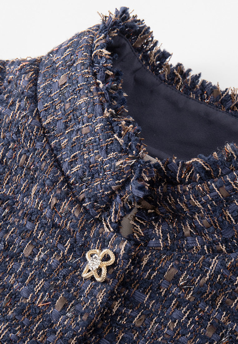 Mixed Tweed Frayed-detail Stand Collar Gilet