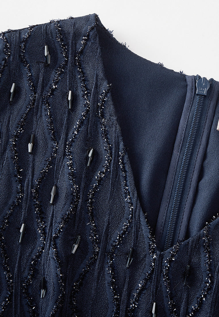 MOISELLE Diamond Pattern Embellished Lace-detail Belted Dress