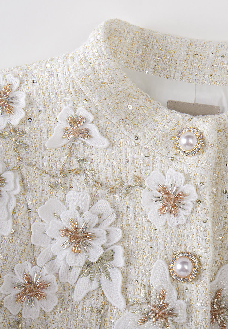 Cream White Floral-detail Slim-cut Coat