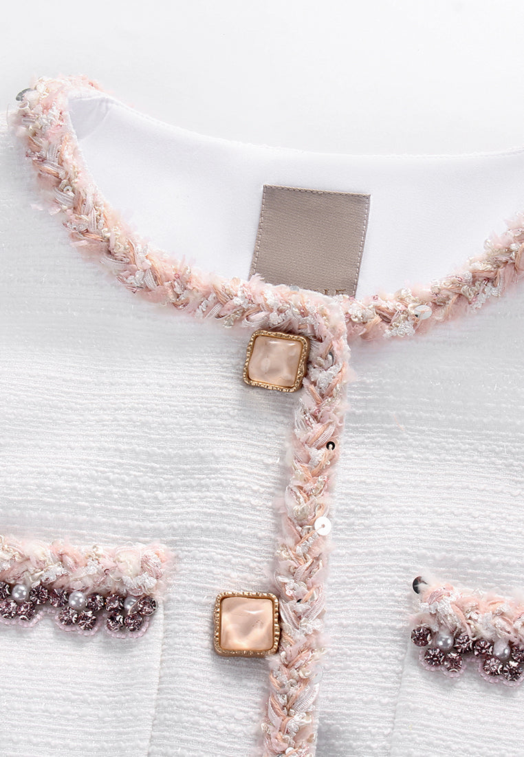 White Embellished Contrast Tweed Jacket