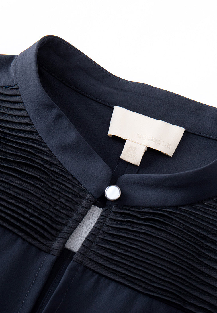 Key-hole Cut-out Pleated-detail Puff-sleeve Blouse