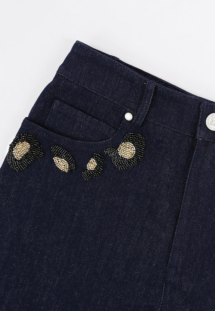 Bleu Denim Sequins Doré Jeans