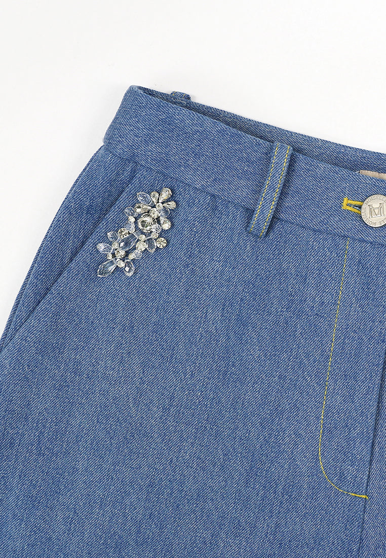 Bleu Denim Fleur Cristal Culottes