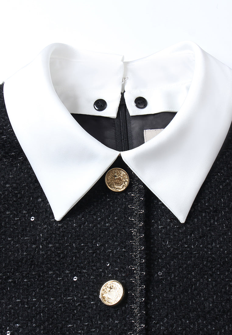 Contrast Collar Button Tweed Dress