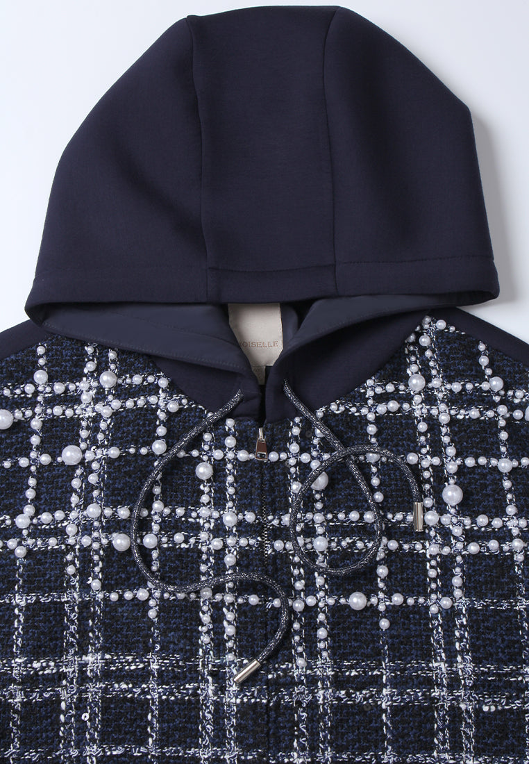 Pearl Embellished Plaid Hooded Jacket