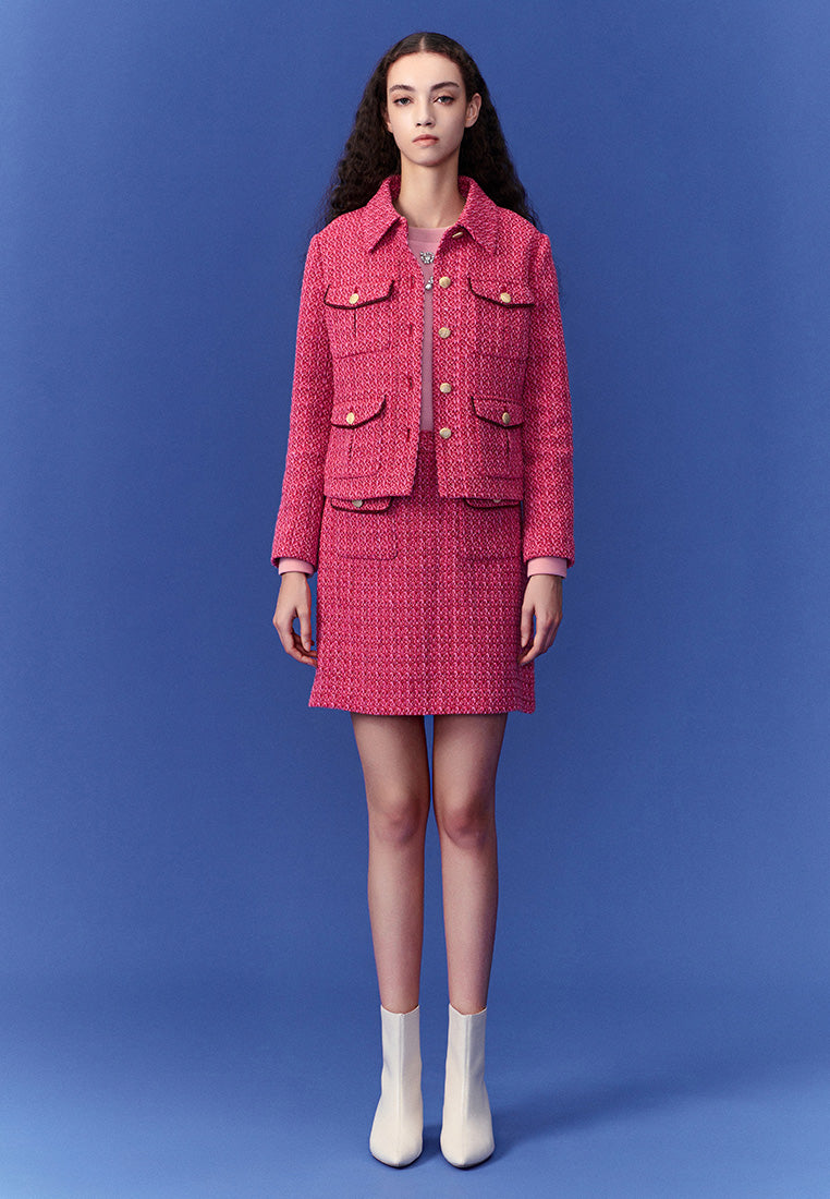 Fuchsia Pink Patch-Pocket Tweed Skirt