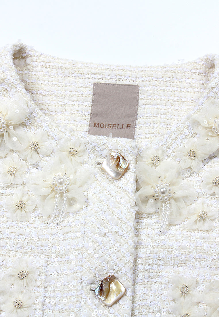 Ivory Bloom Embellished Tweed Jacket