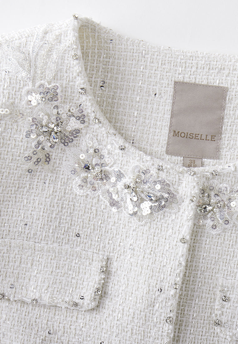 Embroidery Lace Flower Sequin-detail Fitted-waist Jacket