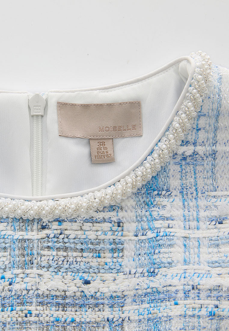 Beaded-Trim Stripped Mix Tweed Dress