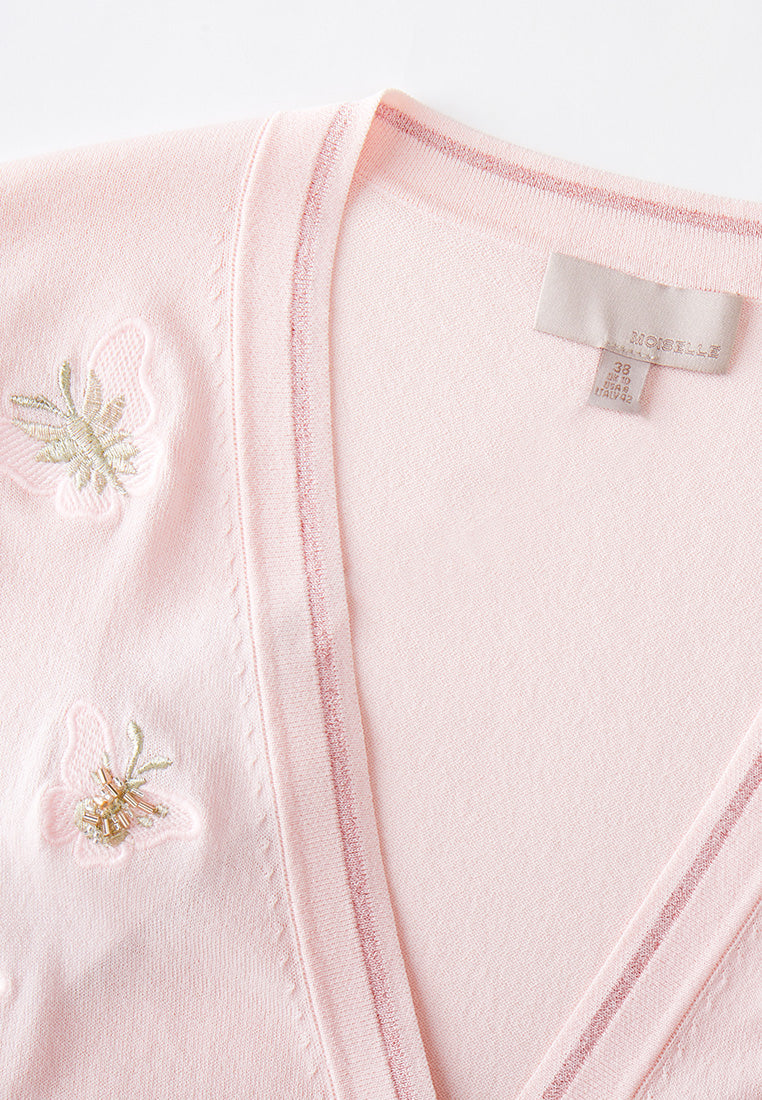 V-neck Embroidery-detail Ribbed-trim Cardigan