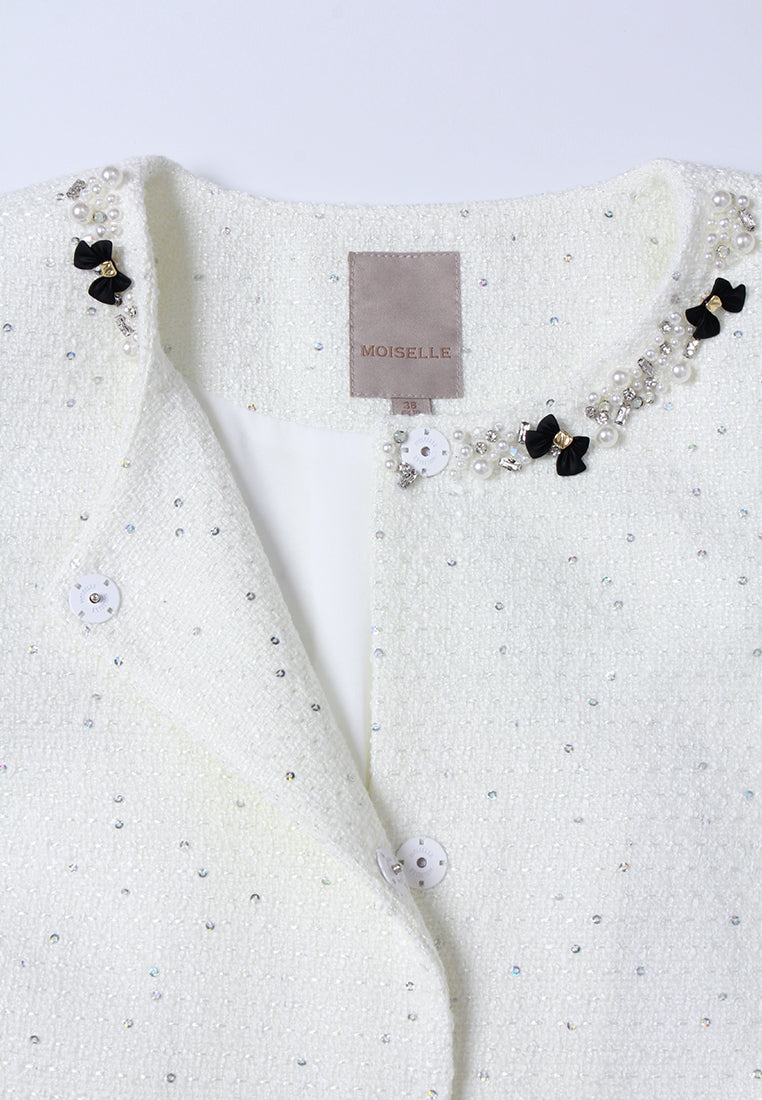 Embellished Tweed Jacket with Bow Accents