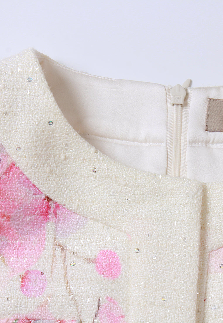 Flower-Motif Embellished Tweed Dress