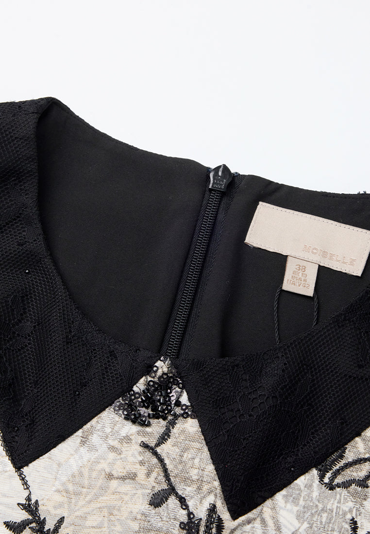 Belted Jacquard Contrasting-lapel Embellished Dress