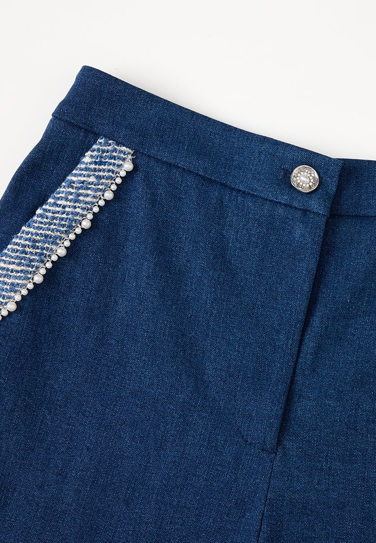 Tweed-embellished Trim Straight-leg Jeans