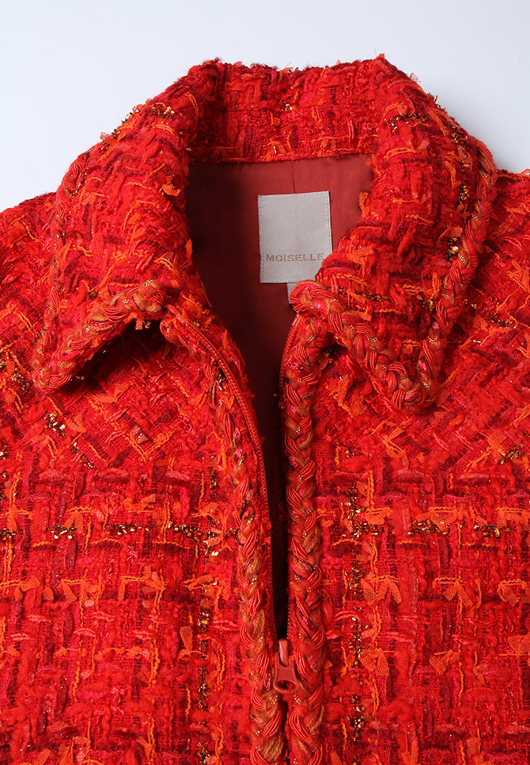 Crimson Flare Zip Tweed Jacket
