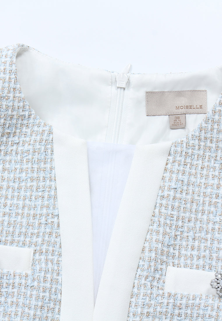 Azure Bloom Chain-Belt Tweed Dress