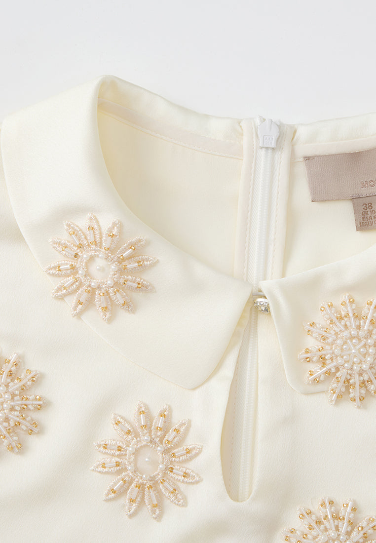Peter Pan Collar Beaded Appliqué Chiffon Blouse