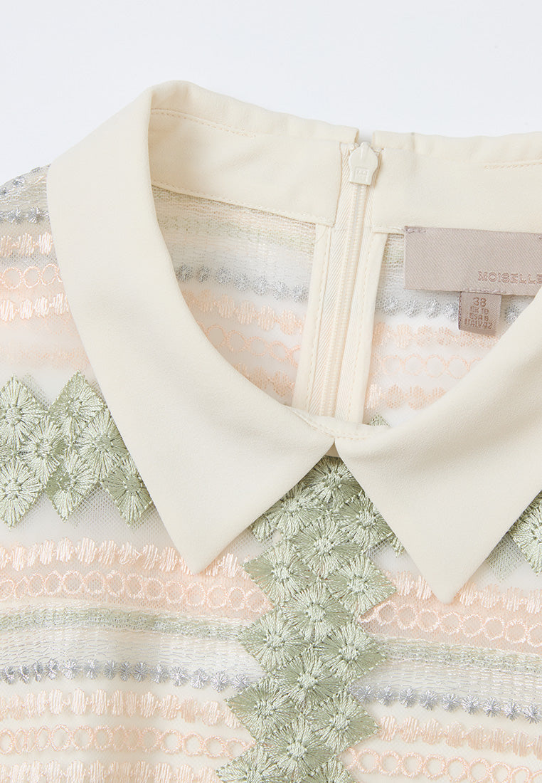 Geometric Embroidery Striped Mesh Dress