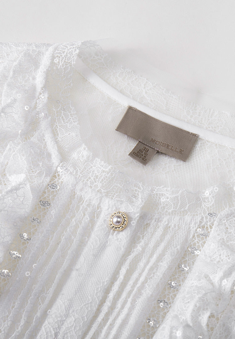 Ruffle-trim Sequin-detail Embellished-button Lace Shirt