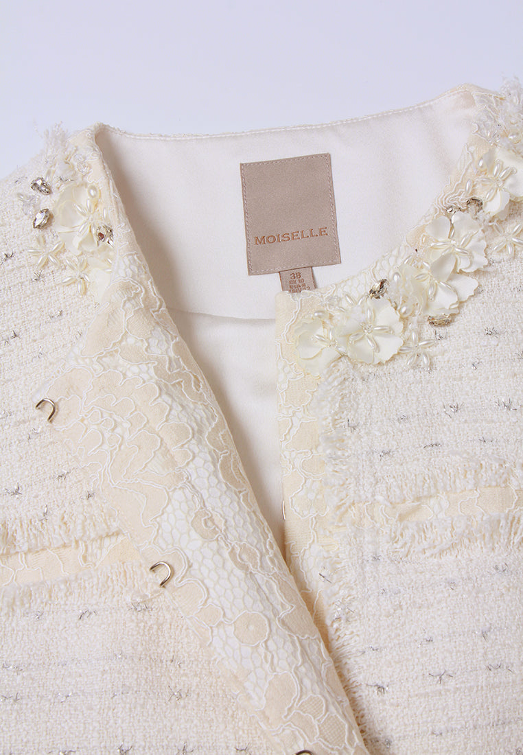 Crystal-Embellished Lace-Trim Tweed Jacket