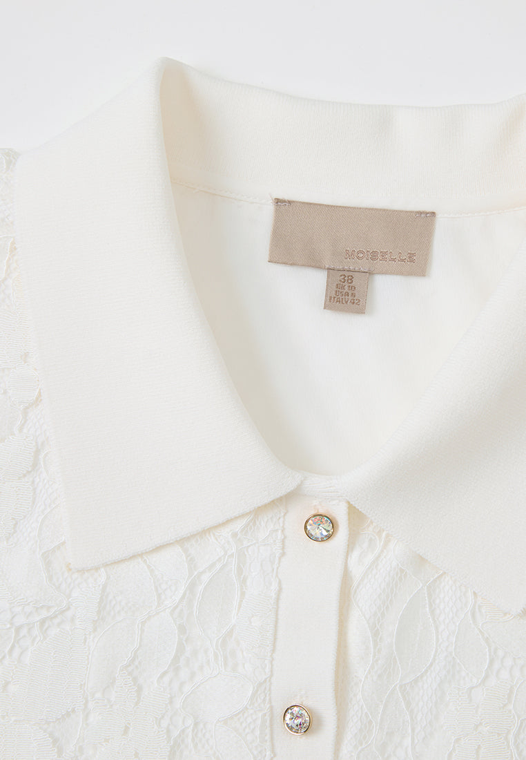 Cap-sleeve Crystal-button Lace Polo Shirt