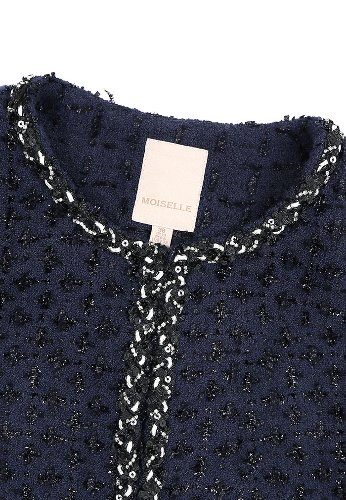 Bleu Tweed Tresse Frangée Jacket