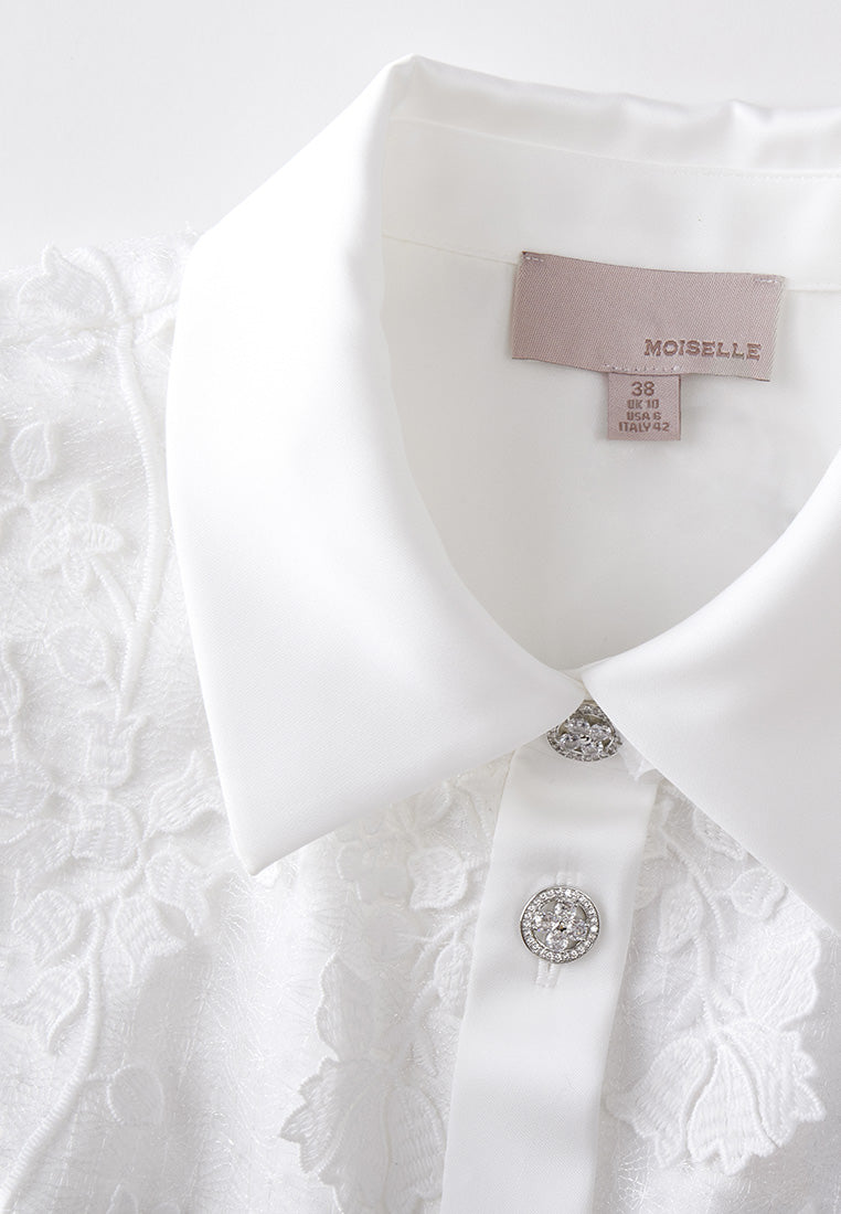 Lace-detail 3D Flower Crystal Button Shirt