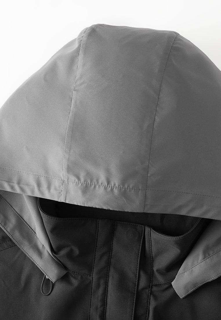 Contrast-panelled Consealed-fastening Ruffled-hem Hooded Windbreaker