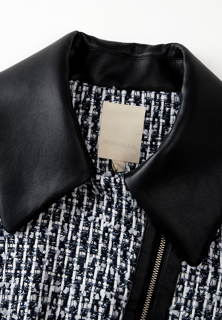 Faux-leather Trim Frayed-detail Mixed Tweed Jacket