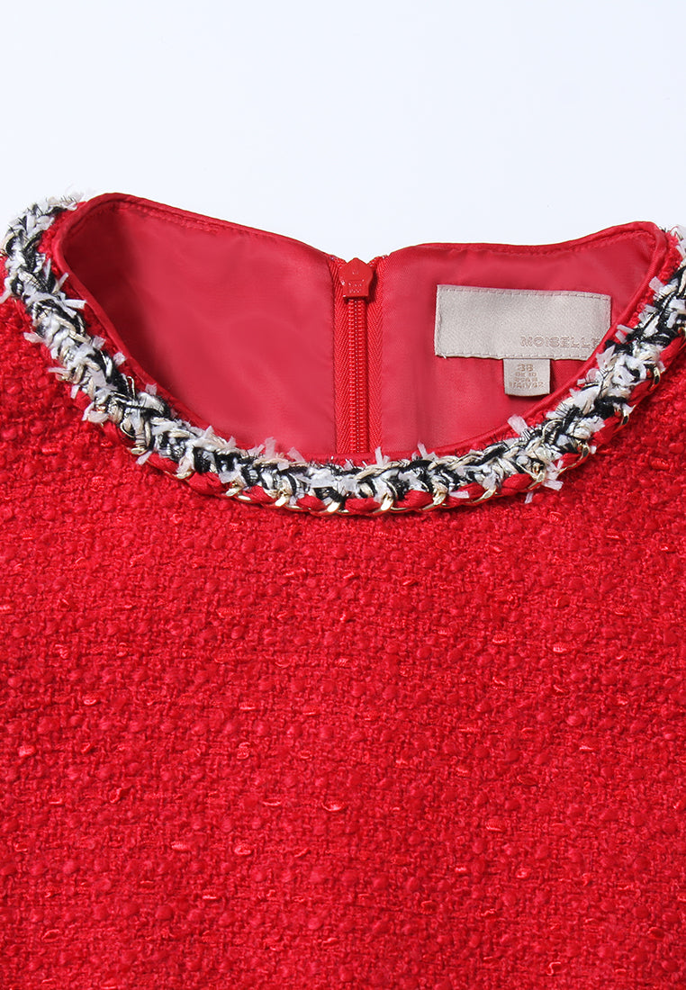 Crimson Medallion Pleated Tweed Dress