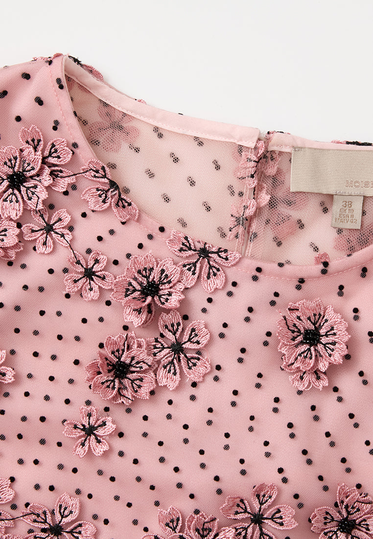Dot Mesh Sakura-appliqué Tie-belt Dress