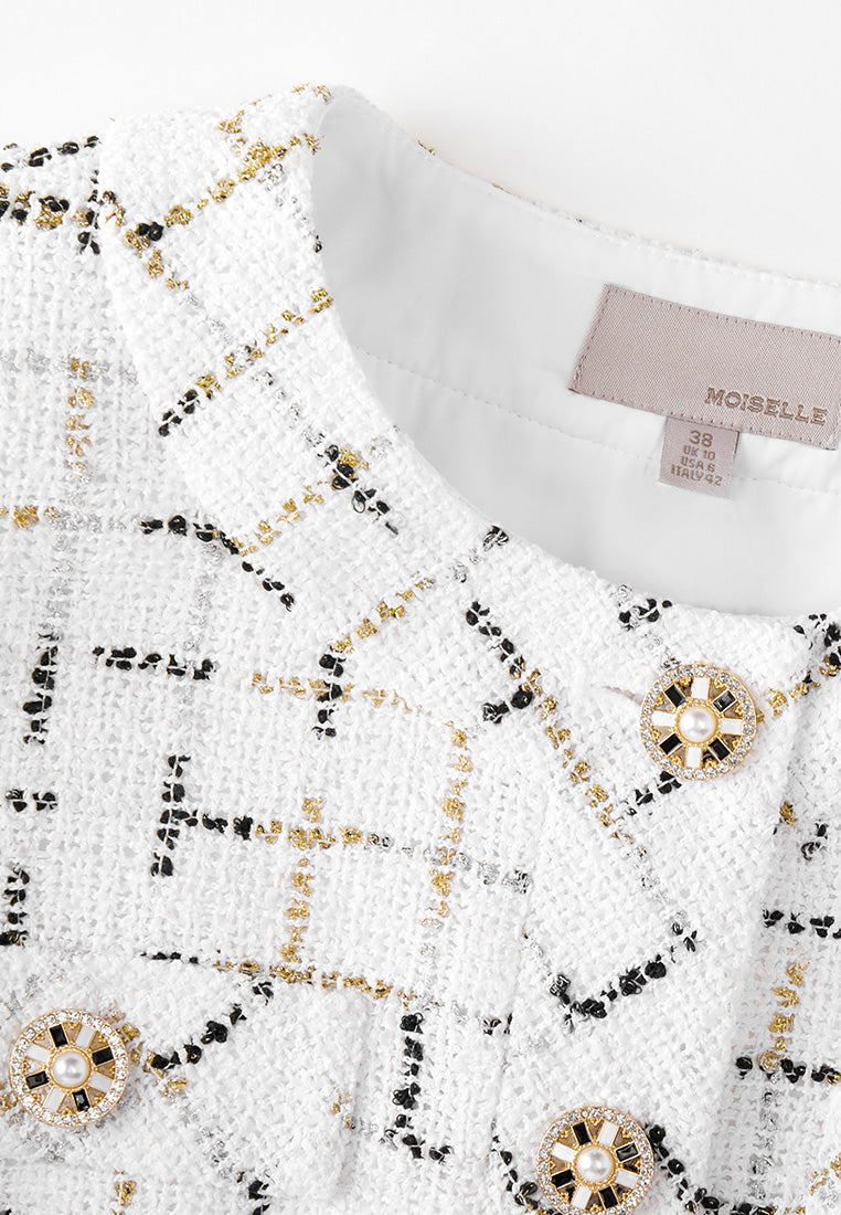 Prestige White Check Tweed Dress with Chain Belt