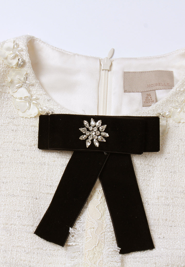 Lace-Trim Tweed Dress with Velvet Bow