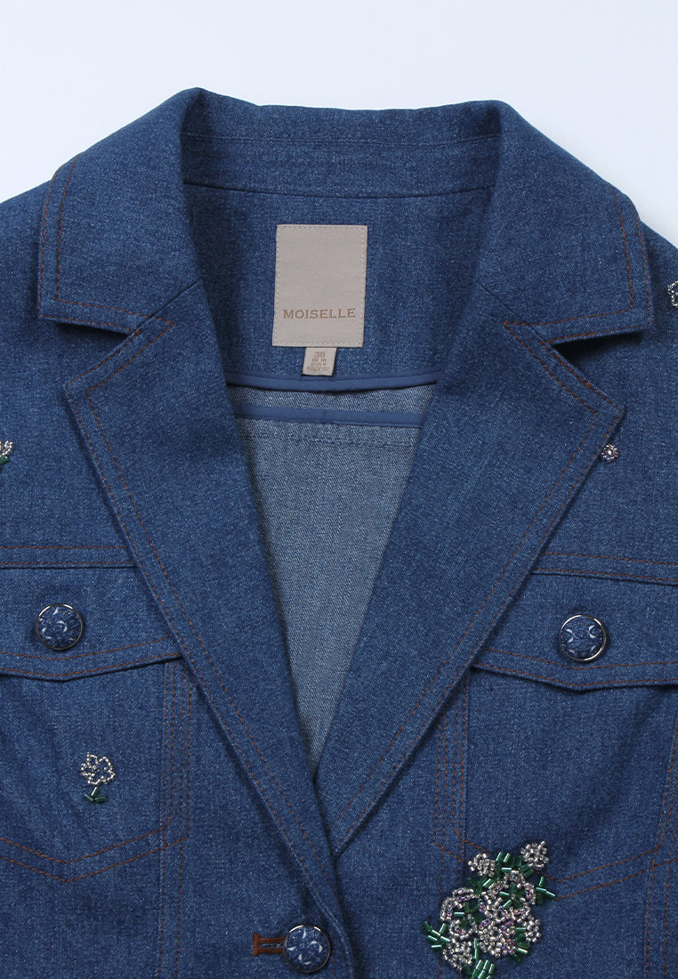 Indigo Bloom Embroidered Denim Blazer