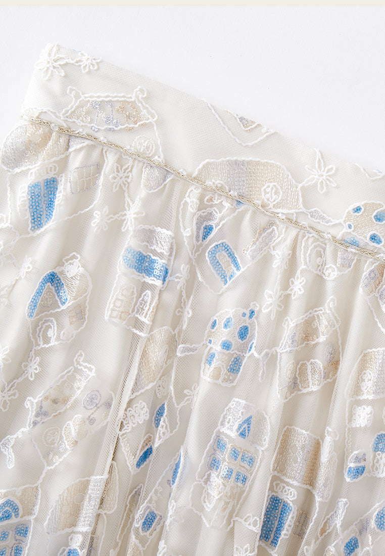 Beige Dreamy Embroiederd Pleated Midi Skirt