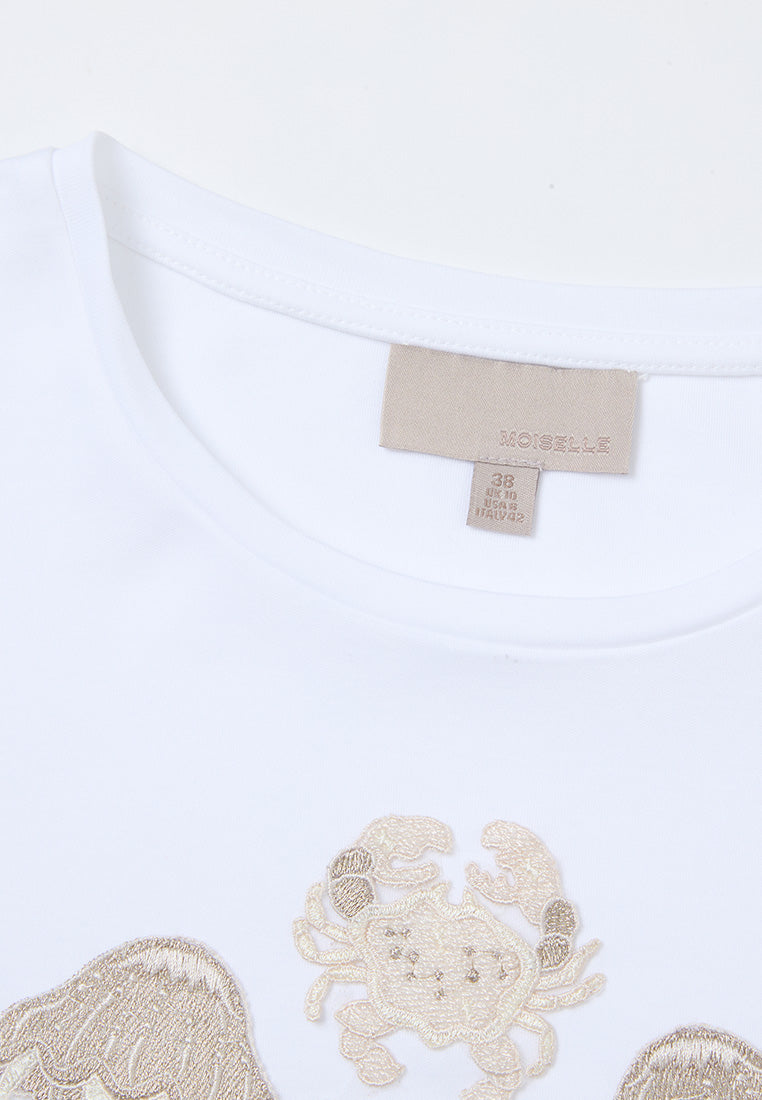 Symmetric Ocean-themed Embroidery T-shirt