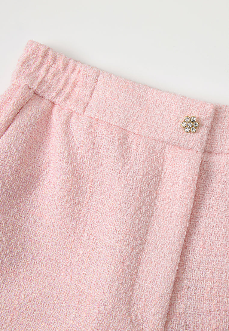 Crystal-button Wide-leg Three-quarter Tweed Trousers Pink