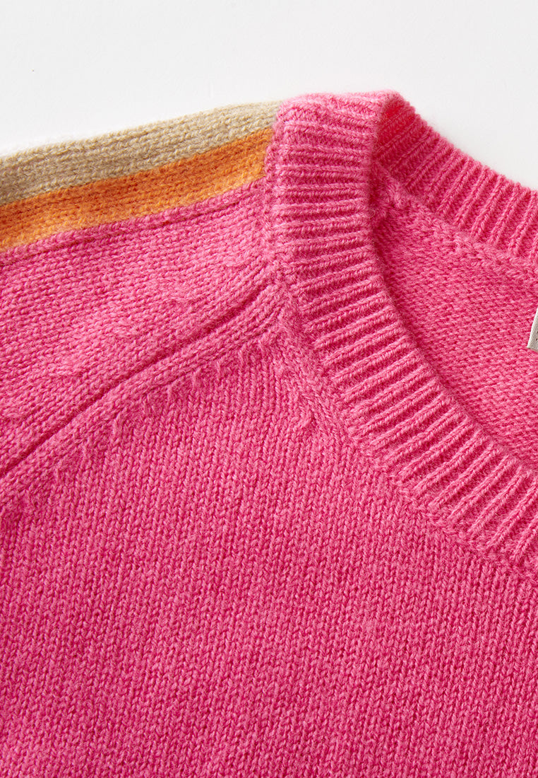 Fushia Ribbed Patchwork-shoulder Embroidered-detail Sweater