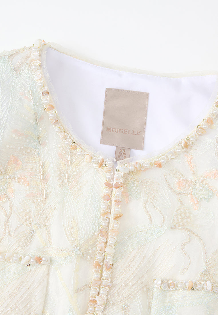 Stone-detail Embellished Floral-embroidery Long Jacket