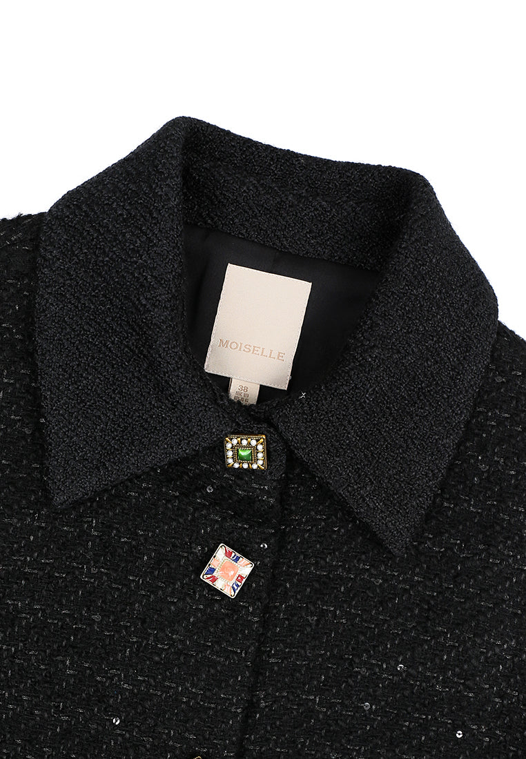 Noir Tweed Boutons Couleur Belted Jacket