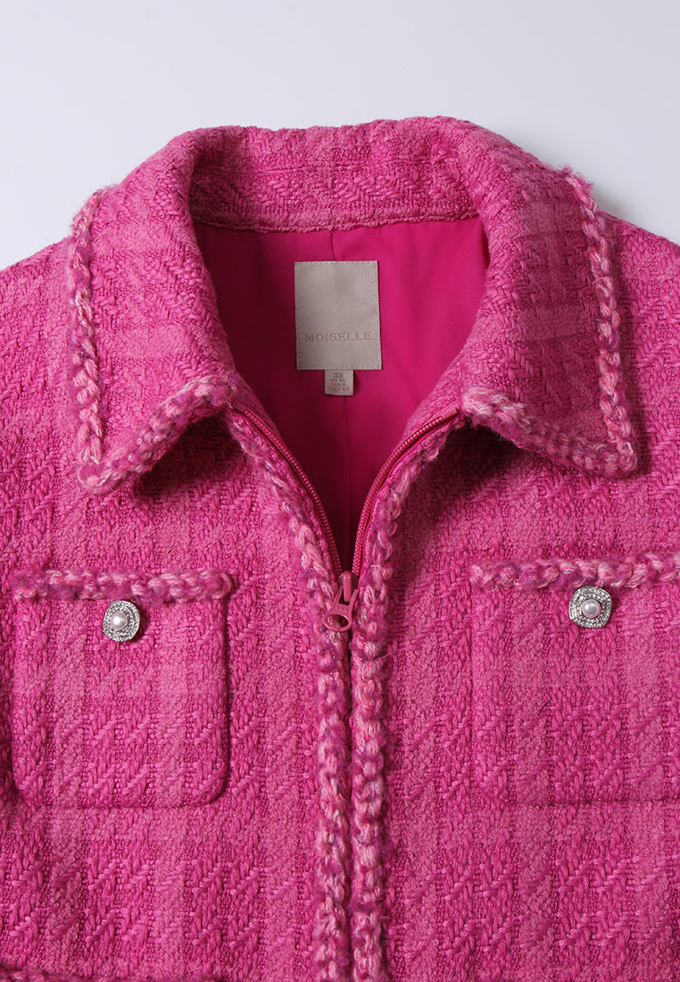 Checked Braided-trim Cropped Jacket