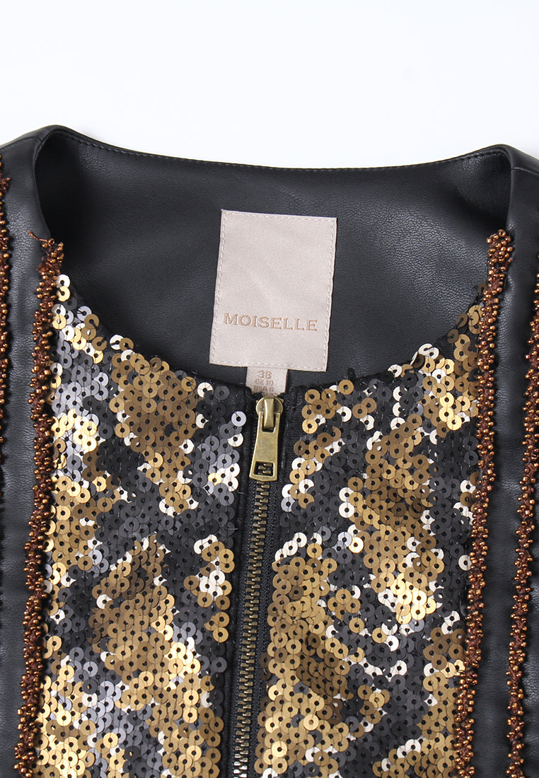 Sequin Panel Leather Zip Jacket