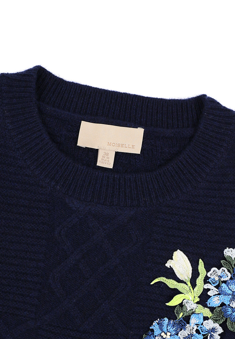 Bleu Hortensia Embroidered Cable-Knit Sweater