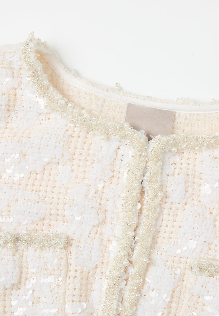 Jacquard Sequinned Bead-and-pearl Trim Pocket Jacket