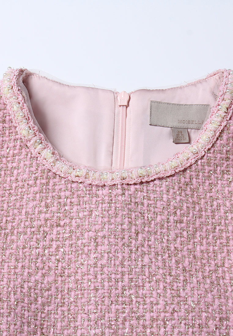 Pink Tweed Dress with Fringe Trim