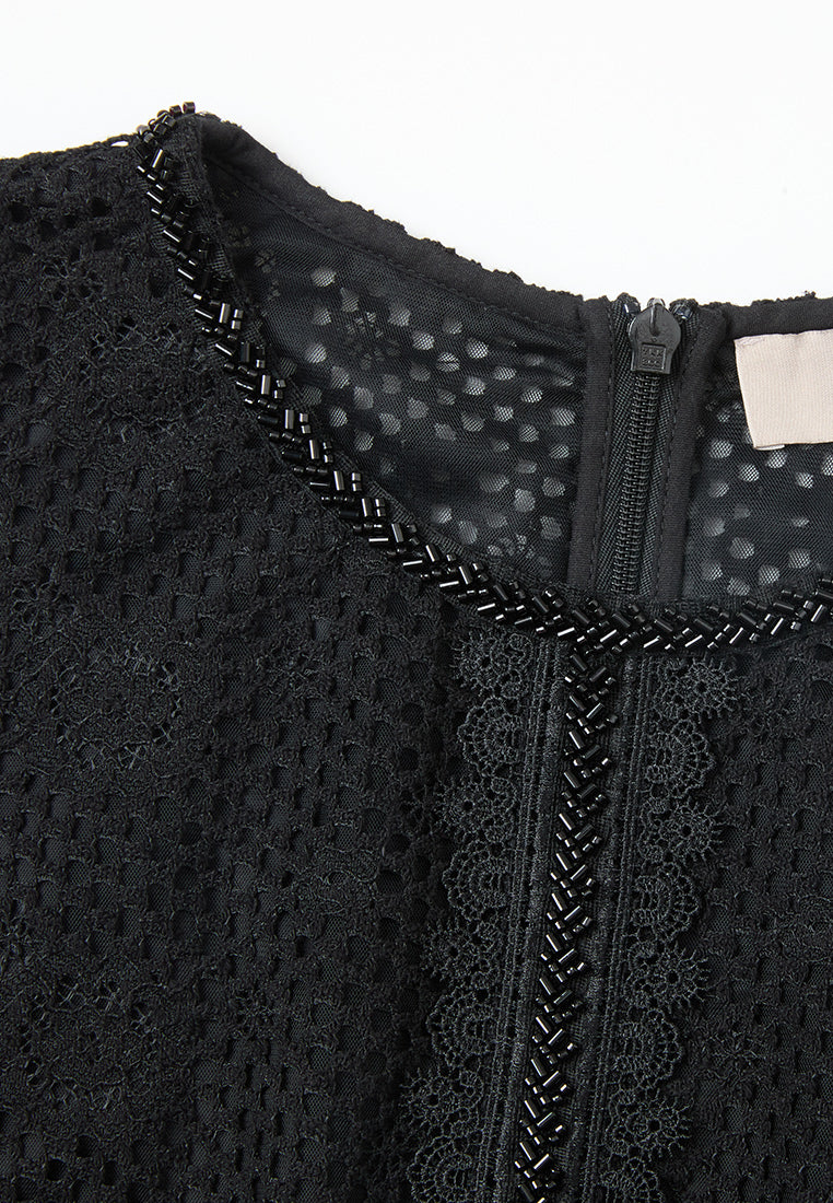 Ruffle-detail Embellished-trim Panelled Mesh Dress