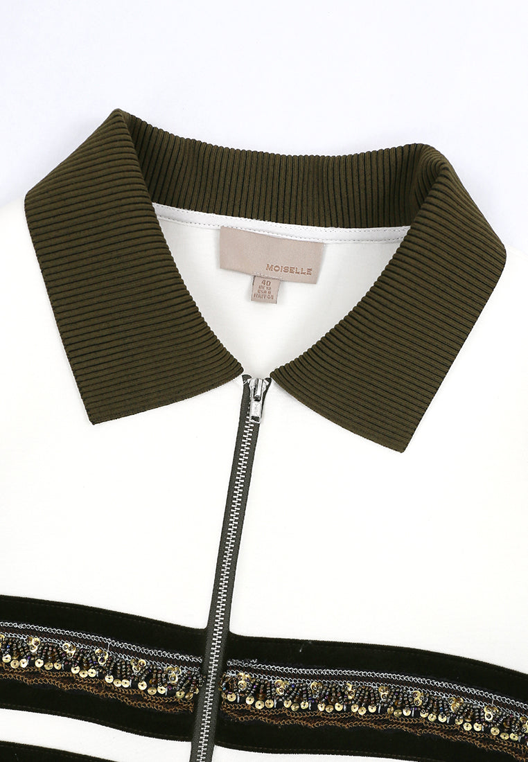 Blanc Équestre Embellished Half-Zip Sweater